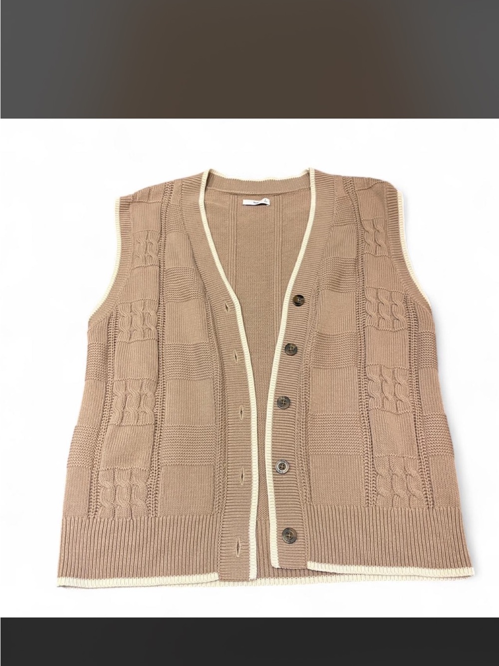 Aritzia TNA Beige Knit Button-Front Sweater Vest with Ivory Trim